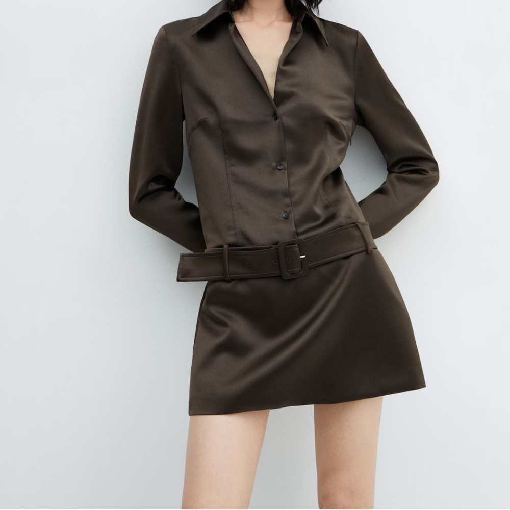 Mango MNG Brown satin shirt dress long sleeves Sz 12 EU‎ XXL